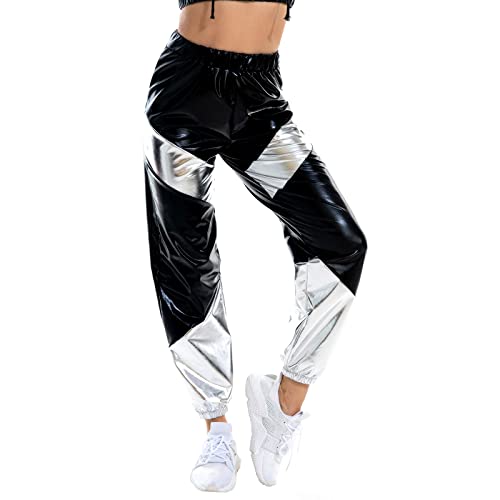 Damen Metallic Glänzed Hose Elastischer Sporthose Locker Holographische Sweathose Jogginghose Hologram Laser Baggyhose Disco Clubwear Hip Hop Punk Jogger Sweatpants Streetwear Schwarz + Silber XL von FYMNSI