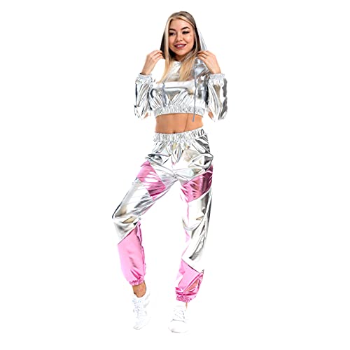 Damen Metallic Glänzend Jogginganzug Trainingsanzug Sportanzug Holographische Langarm Kapuzen Crop Top Pullover Sweatshirt Sweathose Hip Hop Streetwear 80er Jahre Outfit Fasching Kostüm Siber Rosa S von FYMNSI