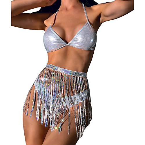 Damen Rave Outfit Quaste Bikini Set Badeanzug Holografische BH Oberteil Slip Triangel Bikinihose Pailletten Fransenrock für Festival Disco Tanz Clubwear Halloween Motto Party Fasching Kostüm Silber L von FYMNSI