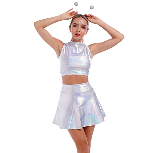 Damen Rave Tanz Outfit Au?erirdisches Alien Kost?m Gl?nzed Metallic Wetlook Weste Crop Top und Hohe Taille Minirock Haarband Set Leder Optik Oberteil Sexy Gogo Clubwear Fasching 5# Silber Laser L von FYMNSI