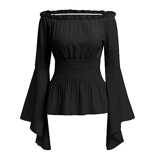 Damen Renaissance Bauernbluse Schulterfrei Tops Trompeten?rmel Gothic Lolita Boho Bluse Mittelalter Gesmokt Langarmshirt Pirat Steampunk R?schenbluse Wikinger Kleidung Kost?m Halloween Schwarz XL von FYMNSI