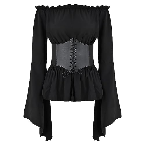 Damen Renaissance Bauernbluse Schulterfrei Tops Trompeten?rmel Gothic Boho Bluse Mittelalter Gesmokt Langarmshirt mit G?rtel Korsett Pirat Steampunk Wikinger Kleidung Kost?m Halloween Schwarz XL von FYMNSI