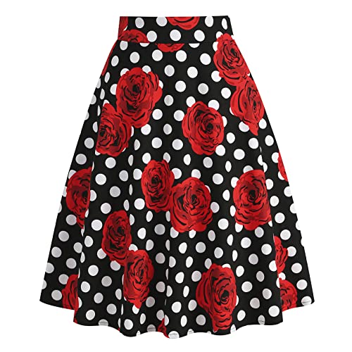 Damen Rockabilly Rock Vintage 1950er Jahre Retro Blumen Druck Faltenrock Elastische Hohe Taille Swing Glockenrock Tellerrock Plissee A-Linie Knielang Festliche R?ck Trachtenrock Schwarz Gepunktet L von FYMNSI