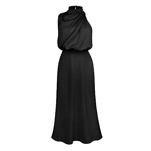 Damen Satin Kleid ?rmellos Lang Abendkleider Krawatte Taille Elegant f?r Hochzeit Cocktailkleid Partykleid Maxikleid Sommerkleid Satinkleid Wickelkleid Hochzeitsgast Ballkleid Vintage Schwarz XL von FYMNSI