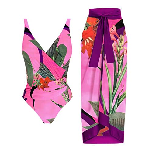 Damen Zweiteiliger Badeanzug Bauchweg Einteiler Monokini Langes Maxi Rock Vintage V-Ausschnitt Badeanzugkleid Badekleid Schwimmrock Schwimmkleid Baderock Tankini Schwimmanzug Bademode Rose + Lila L von FYMNSI