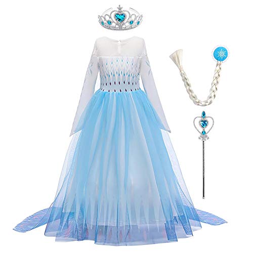 ELSA Kostüm Mädchen Schneekönigin 2 Prinzessin Blau Schneeflocke Druck Langarm Tüll Umhang Abendkleid Maskerade Party Fasching Halloween Weihnachten Kleid mit Krone Zauberstab Zubehör 9-10 Jahre von FYMNSI