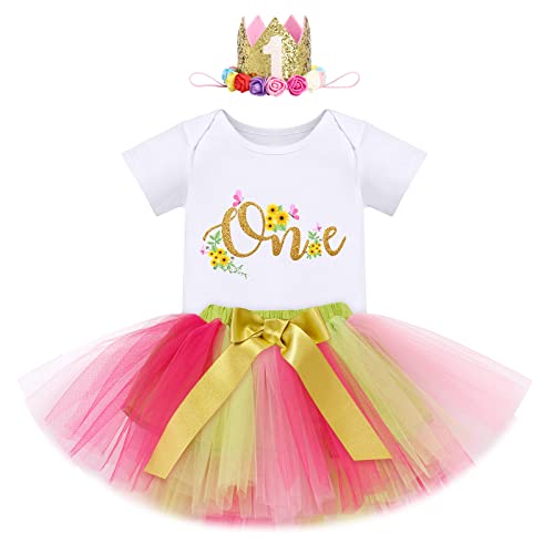 FYMNSI 1 Jahr Erster Geburtstag Mädchen Outfit Blumen Party Kleid Cake Smash Baumwolle Kurzarm Body Strampler Tutu Rock Krone Stirnband 3tlg Sommer Bekleidungsset Fotoshooting Kostüm Gelb + Rose One von FYMNSI