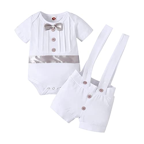 FYMNSI Baby Jungen Taufanzug Taufbekleidung Festanzug Festliche Hochzeit Gentleman Smoking Anzüge Baumwolle Jumpsuit Fliege Langarm Body Strampler Hosenträger Hose 2tlg Bekleidungset Grau 0-6 Monate von FYMNSI