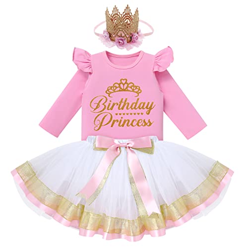 FYMNSI Baby Kinder Mädchen Geburtstag Outfit Baumwolle Langarm Top T-shirt Prinzessin Tutu Tüll Rock Stirnband 3tlg Partykleid Festliches Fotoshooting Herbst Bekleidungsset Rosa + Weiß 2-3 Jahre von FYMNSI