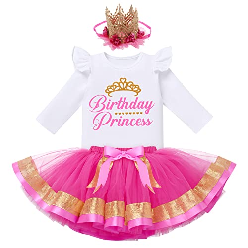 FYMNSI Baby Kinder Mädchen Geburtstag Outfit Baumwolle Langarm Top T-shirt Prinzessin Tutu Tüll Rock Stirnband 3tlg Partykleid Festliches Fotoshooting Herbst Bekleidungsset Rose 4-5 Jahre von FYMNSI