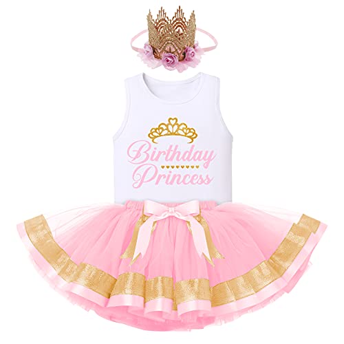 FYMNSI Baby Kinder Mädchen Geburtstag Outfit Baumwolle Weste T-Shirt Tops Prinzessin Tutu Tüll Rock Stirnband 3tlg Partykleid Fotoshooting Bekleidungsset Rosa 5-6 Jahre von FYMNSI