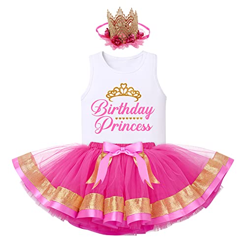 FYMNSI Baby Kinder Mädchen Geburtstag Outfit Baumwolle Weste T-Shirt Tops Prinzessin Tutu Tüll Rock Stirnband 3tlg Partykleid Fotoshooting Bekleidungsset Rose 4-5 Jahre von FYMNSI