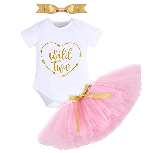 FYMNSI Baby Kleinkinder Mädchen 2. Zweiter Geburtstag Outfit Wild Two Baumwolle Kurzarm Body Strampler Prinzessin Tütü Tüll Rock Schleife Stirnband 3tlg Bekleidungsset Fotoshooting Rosa 2 Jahre von FYMNSI