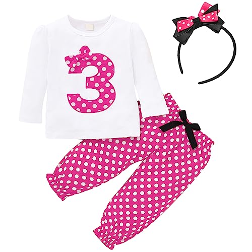 FYMNSI Baby Kleinkinder Mädchen 3. Dritter Geburtstag Minnie Kostüm Outfit Retro Gepunktet Baumwolle Langarm Top T Shirt + Lange Hosen + Stirnband 3tlg Bekleidungsset Rose 2-3 Jahre von FYMNSI