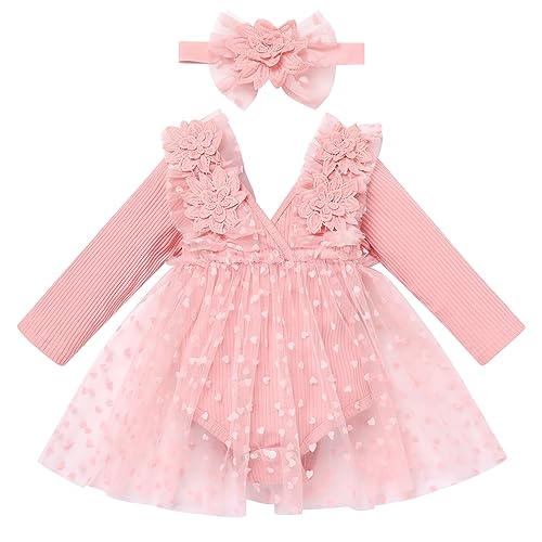 FYMNSI Baby M?dchen 1 Geburtstag Outfit Taufkleid Prinzessin T?llrock Langarm Bodykleid Kleinkinder Partykleid V-Ausschnitt Festkleid Herbstkleid Neugeborene Fotoshooting Rosa Herz 18-24 Monate von FYMNSI