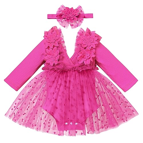 FYMNSI Baby M?dchen 1 Geburtstag Outfit Taufkleid Prinzessin T?llrock Langarm Bodykleid Kleinkinder Partykleid V-Ausschnitt Festkleid Herbstkleid Neugeborene Fotoshooting Rose Herz 18-24 Monate von FYMNSI