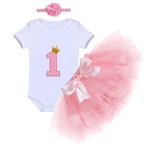 FYMNSI Baby Mädchen 1. Erster Geburtstag Party Kleidung Krone Strampler Prinzessin Tütü Rock Stirnband Outfit Set 3tlg 1 Jahr Baby Geburtstagsparty Kleider Geschenk Festliche Sommer Kleidung von FYMNSI