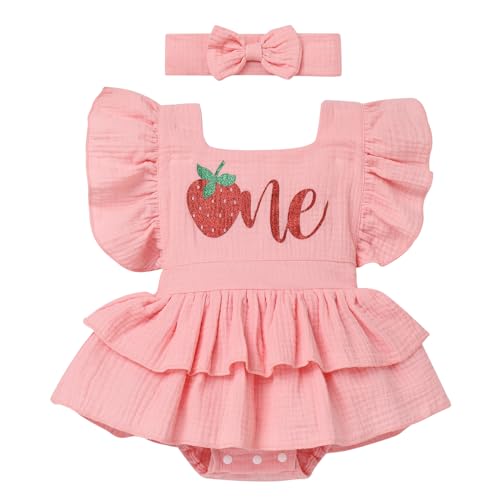 FYMNSI Baby M?dchen Erdbeere 1. Geburtstag Outfit Kleinkinder R?schen ?rmellos Bodysuit Babybody Einteiler Bodys Stirnband 1 Jahr Party Festliches Festkleid Freizeit Sommer Kleidung Rosa 12-18M von FYMNSI