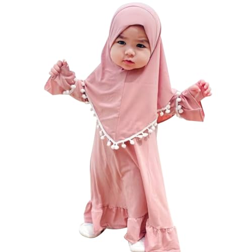 FYMNSI Baby M?dchen Gebetskleidung Muslimisches Kleid Abaya Maxikleid Mit Hijab Kleinkinder Neugeborene Islamisches Gebetskleid Ramadan Kaftan Dubai Outfit Einfarbig Zweiteilig Rosa 0-6 Monate von FYMNSI