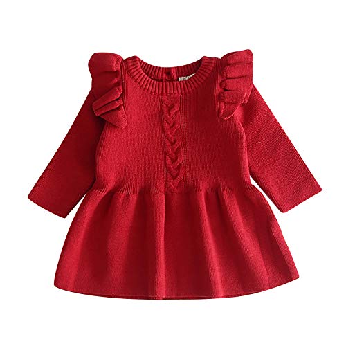 FYMNSI Baby M?dchen Gestrickt Kleid Strick Pullover Langarm Strickkleid Prinzessin Minikleid Herbst Winter Warm H?keln Tops Partykleid Einfarbig Winterpulli Winterpullover Dunkelrot 6-12 Monate von FYMNSI