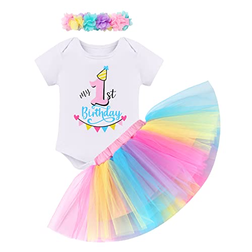 FYMNSI Baby Mädchen 1. Erster Geburtstag Outfit Baumwolle Kurzarm Strampler Body Prinzessin Regenbogen Tüll Tütü Rock Blumen Stirnband 3tlg Set 1 Jahr Geburtstagsparty Kleid Fotoshooting Bunt von FYMNSI