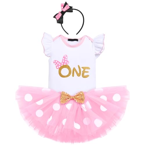 FYMNSI Baby Mädchen 1. Erster Geburtstag Outfit Maus Kostüm Gepunktet Tütü Rock Baumwolle Kurzarm Body Strampler mit Ohr Stirnband 3tlg Bekleidungsset Fotoshooting Rosa One 1 Jahr von FYMNSI