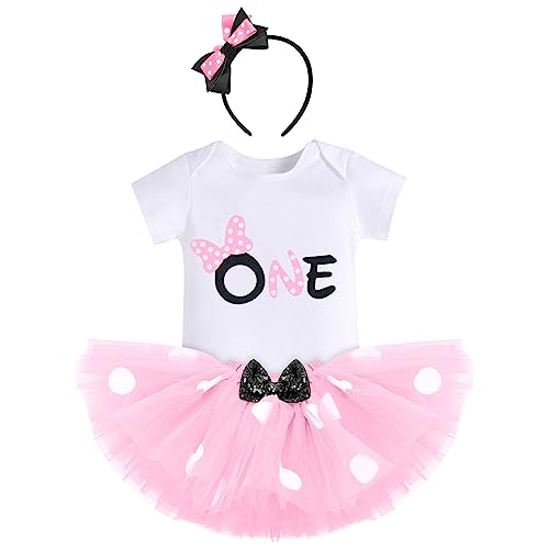 FYMNSI Baby Mädchen 1. Erster Geburtstag Outfit Maus Kostüm 1 Jahr Party Prinzessin Gepunktet Tütü Rock Baumwolle Kurzarm Body Strampler mit Ohr Stirnband 3tlg Bekleidungsset Rosa - One 1 Jahr von FYMNSI