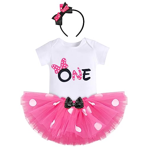 FYMNSI Baby Mädchen 1. Erster Geburtstag Outfit Maus Kostüm 1 Jahr Party Prinzessin Gepunktet Tütü Rock Baumwolle Kurzarm Body Strampler mit Ohr Stirnband 3tlg Bekleidungsset Rose - One 1 Jahr von FYMNSI