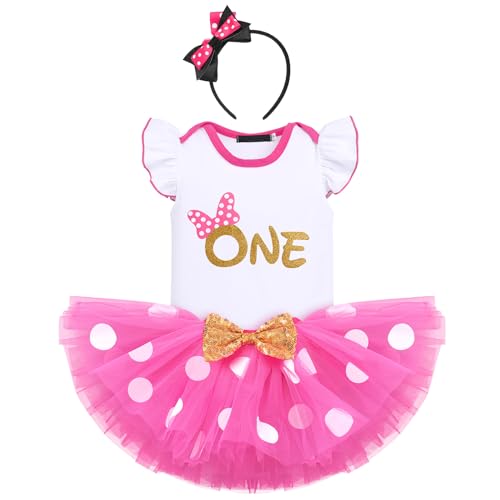 FYMNSI Baby Mädchen 1. Erster Geburtstag Outfit Maus Kostüm Gepunktet Tütü Rock Baumwolle Kurzarm Body Strampler mit Ohr Stirnband 3tlg Bekleidungsset Fotoshooting Rose One 1 Jahr von FYMNSI