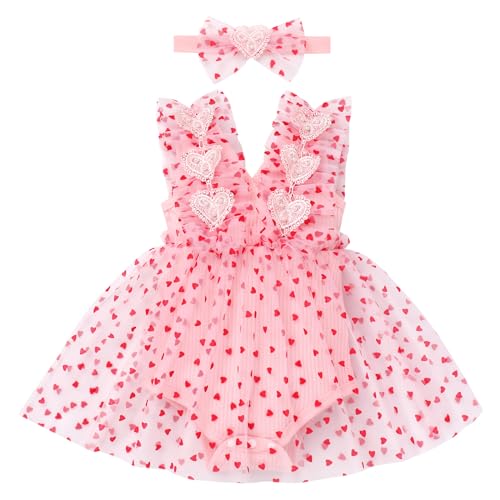 FYMNSI Baby Mädchen 1. Geburtstag Outfit Ärmellos Bodykleid Taufkleid Prinzessin Tüllrock mit Stirnband Strampler Kleinkinder Partykleid Festkleid Sommerkleid Neugeborene Fotoshooting Rosa Herz 6-12M von FYMNSI