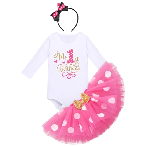 FYMNSI Baby Mädchen 1. Geburtstag Outfit Maus Kostüm Baumwolle Langarm Body Strampler Prinzessin Gepunktet Tütü Tüll Rock Stirnband 1 Jahr Party Herbst Winter Bekleidungsset Fotoshooting Rose 1 Jahr von FYMNSI