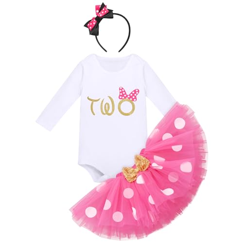 FYMNSI Baby Mädchen Mein 2. Geburtstag Party Outfit Maus Kostüm Baumwolle Langarm Body Strampler Prinzessin Gepunktet Tütü Tüll Rock Stirnband Herbst Winter Bekleidungsset Rose - Two 2 Jahre von FYMNSI