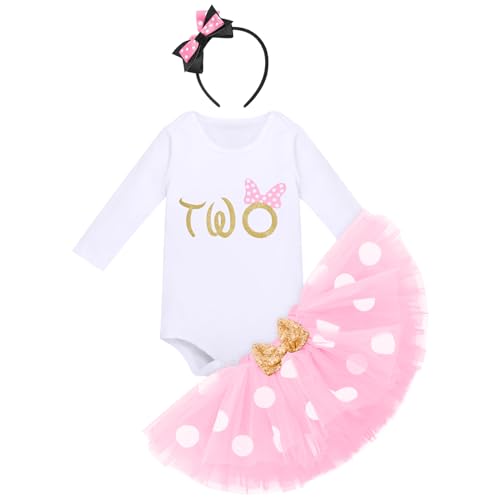 FYMNSI Baby Mädchen Mein 2. Geburtstag Party Outfit Maus Kostüm Baumwolle Langarm Body Strampler Prinzessin Gepunktet Tütü Tüll Rock Stirnband Herbst Winter Bekleidungsset Rosa - Two 2 Jahre von FYMNSI