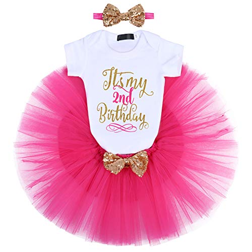 FYMNSI Baby Mädchen 2. Geburtstag Party Outfit Baumwolle Kurzarm Body Strampler Prinzessin Tütü Tüll Rock Pailletten Schleife Stirnband 3tlg Bekleidungsset Fotoshooting Kostüme Rose 2 Jahre von FYMNSI