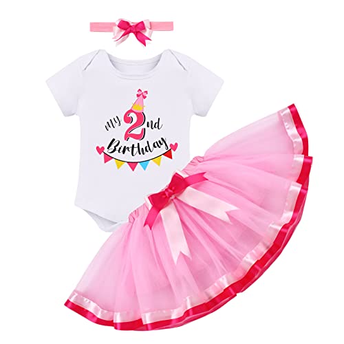 FYMNSI Baby Mädchen 2. Zweiter Geburtstag Outfit Baumwolle Kurzarm Strampler Body Prinzessin Tüll Tütü Rock Schleife Stirnband 3tlg Set 2 Jahre Geburtstagsparty Kleid Fotoshooting Bekleidung Rosa von FYMNSI