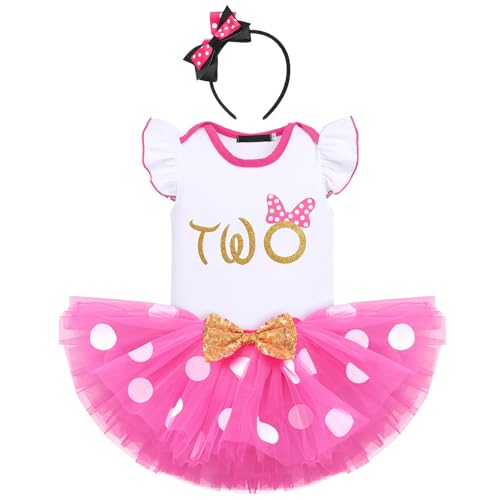 FYMNSI Baby Mädchen 2. Zweiter Geburtstag Outfit Maus Kostüm Gepunktet Tütü Rock Baumwolle Kurzarm Body Strampler mit Ohr Stirnband 3tlg Bekleidungsset Fotoshooting Rose Two 2 Jahre von FYMNSI