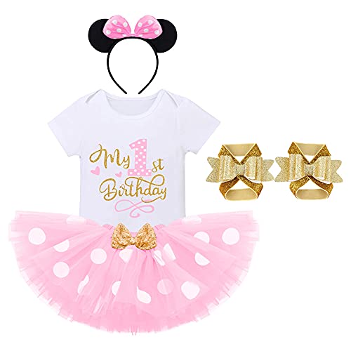 FYMNSI Baby Mädchen Erste 1. Geburtstag Outfit Baumwolle Kurzarm Strampler Body Gepunktet Tütü Rock Ohr Stirnband Fußblume 4tlg Bekleidungsset Rosa + Gold Mein 1. Geburtstag 1 Jahr von FYMNSI