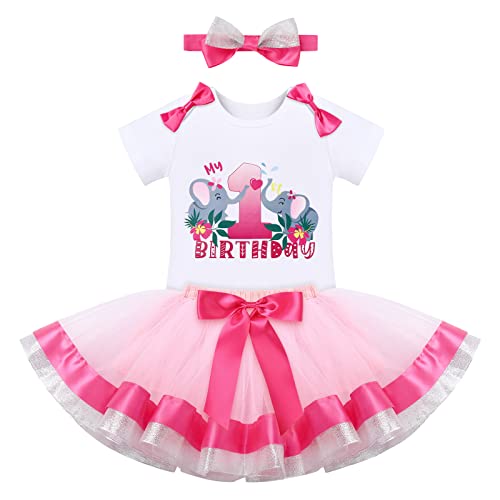 FYMNSI Baby Mädchen Erster 1. Geburtstag Outfit Elefant Baumwolle Kurzarm Body Strampler Prinzessin Tutu Rock Schleife Stirnband Bekleidungsset Ein Jahr alt Party Fotoshooting Kostüm Rosa 1 Jahr von FYMNSI