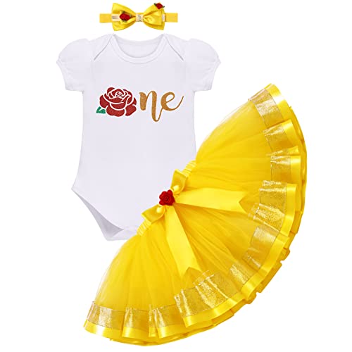 FYMNSI Baby Mädchen Erster 1. Geburtstag Outfit Prinzessin Belle Kostüm Baumwolle Kurzarm Body Strampler Tutu Rock Schleife Stirnband Bekleidungsset Ein Jahr alt Party Fotoshooting Gelb - One 1 Jahr von FYMNSI