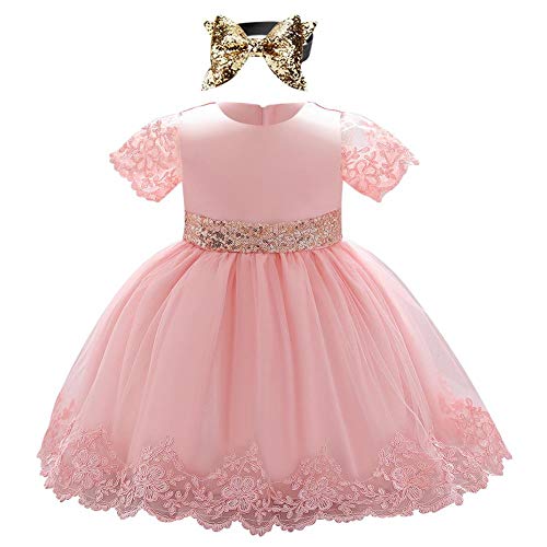 FYMNSI Baby Mädchen Erstes Geburtstagskleid Taufkleid Kurzarm Spitzenkleid Pailletten Schliefe Tüll Abendkleid Festliches Festkleid Hochzeit Brautjungfer Kommunionskleid mit Stirnband Set Rosa 6-12M von FYMNSI