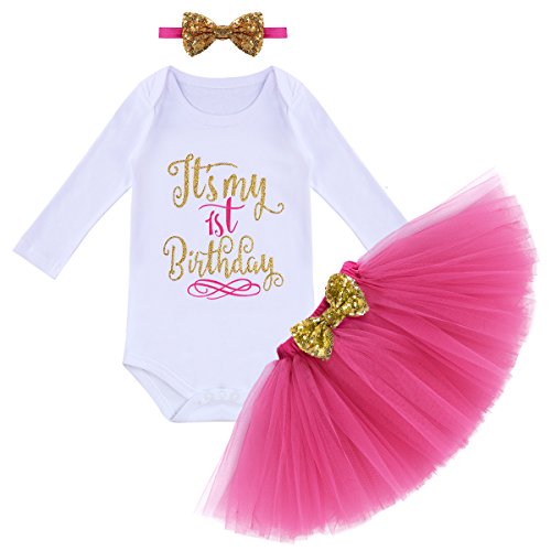 FYMNSI Baby Mädchen Es ist mein 1. Geburtstag Outfit Kleinkinder erstes Geburtstagskleid Pinzessin Tütü Tüll Rock Langarm Strampler Body Pailletten Stirnband 3tlg Bekleidungsset Fotoshooting Kostüm von FYMNSI