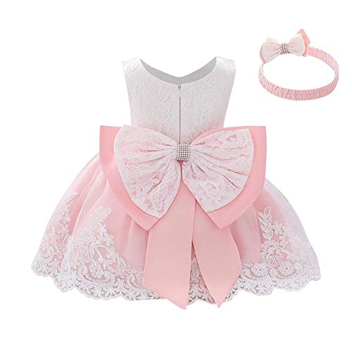 FYMNSI Baby Mädchen Kleid Geburtstag Partykleid Taufkleid Kleinkinder Bowknot Blumen Spitze Tüllkleid Tütü Prinzessin Hochzeit Brautjungfer Festkleid mit Stirnband Babybekleidung Hellrosa 12-18M von FYMNSI