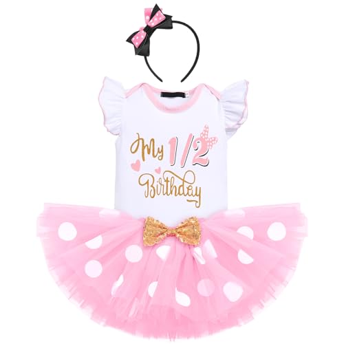 FYMNSI Baby Mädchen Mein 1/2. Geburtstag Outfit Maus Kostüm Gepunktet Tütü Rock Baumwolle Kurzarm Body Strampler mit Ohr Stirnband Bekleidungsset Fotoshooting Rosa - Mein 1/2. Geburtstag 6 Monate von FYMNSI