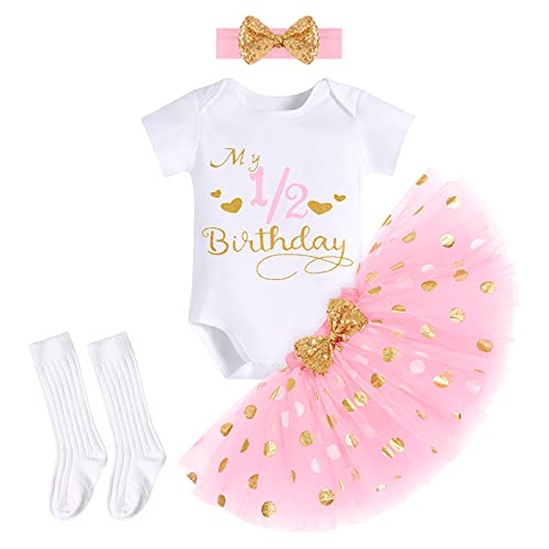 FYMNSI Baby Mädchen Mein 1/2. Halber Geburtstag Party Outfit Baumwolle Kurzarm Strampler Body Prinzessin Tupfen Tütü Rock Schleife Stirnband Socken 4tlg Bekleidungsset Rosa - 1/2. Geburtstag 6 Monate von FYMNSI