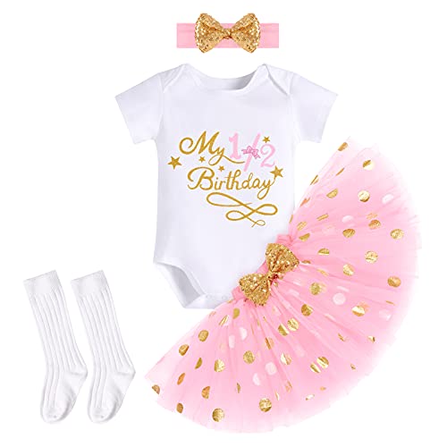 FYMNSI Baby Mädchen Mein 1/2. Halber Geburtstag Party Outfit Baumwolle Kurzarm T-Shirt Tops Prinzessin Tupfen Tütü Rock Stirnband Socken 4tlg Bekleidungsset Fotoshooting Kostüm Rosa 6 Monate von FYMNSI