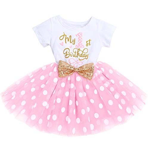 FYMNSI Baby Mädchen Mein 1. Erster Geburtstag Kleid Baumwolle Kurzarm Tutu Tüllkleid Gepunktet Rock Prinzessin 1 Jahr Partykleid Sommerkleid Outfit Rosa von FYMNSI