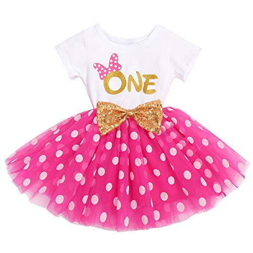 FYMNSI Baby Mädchen Mein 1. Erster Geburtstag Kleid Baumwolle Kurzarm Prinzessin Tutu Tüllkleid Gepunktet Rock 1 Jahr Alt Partykleid Sommerkleid Outfit Rose One von FYMNSI