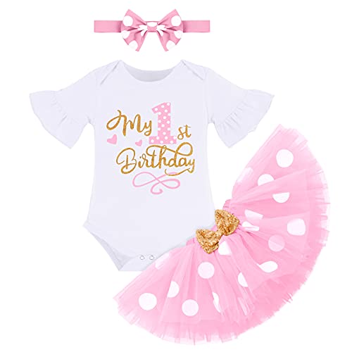 FYMNSI Baby Mädchen Mein 1. Erster Geburtstag Outfit Maus Kostüm Gepunktet Tütü Rock Baumwolle Kurzarm Body Strampler mit Ohr Stirnband 3tlg Bekleidungsset Fotoshooting Kostüm Rosa 1 Jahr von FYMNSI