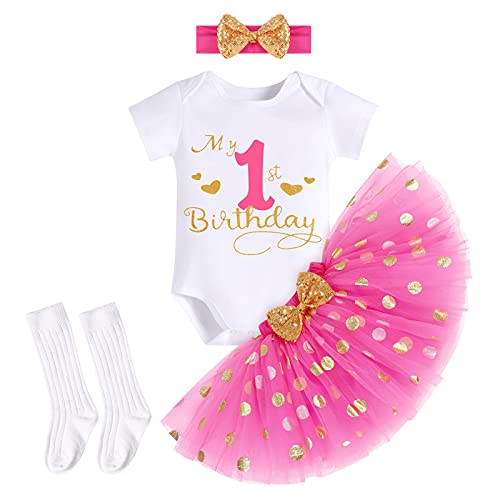 FYMNSI Baby Mädchen Mein 1. Erster Geburtstag Party Outfit Baumwolle Kurzarm Body Strampler Prinzessin Gepunktet Tütü Rock Pailletten Schleife Stirnband Socken 4tlg Bekleidungsset Rose 1 Jahr von FYMNSI