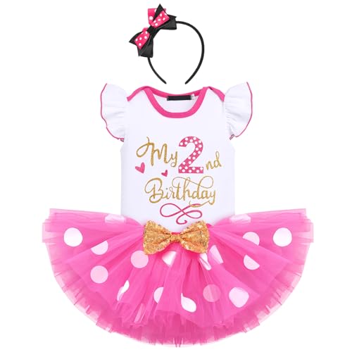 FYMNSI Baby Mädchen Mein 2. Geburtstag Outfit Maus Kostüm Gepunktet Tütü Rock Baumwolle Kurzarm Body Strampler mit Ohr Stirnband 3tlg Bekleidungsset Fotoshooting Rose - Mein 2. Geburtstag 2 Jahre von FYMNSI